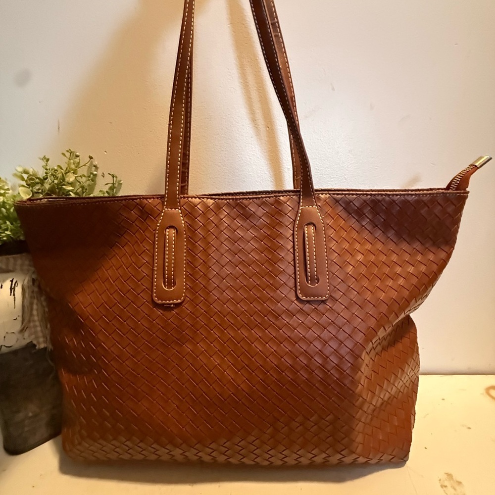 Brown Woven Bag, Vegan Leather Tote Bag Large Summer Beach Travel Handbag NWOT